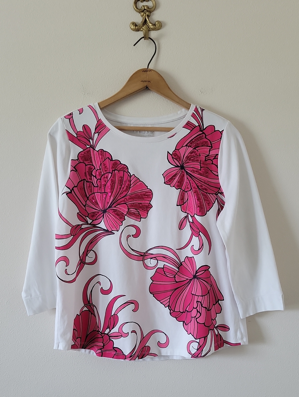 Chico's White Pink Perfect Tee Sequin Floral 3/4‎ Sleeves Size Large